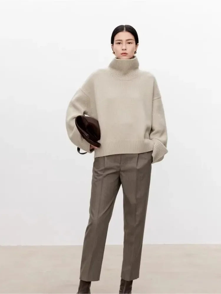 Thickened turtleneck 100% pure cashmere sweater women's loose lazy knit silhouette sweater European products Luxlife Brands
