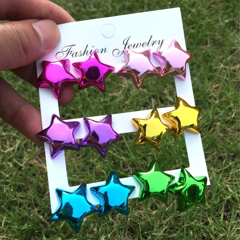 New 6 pair/set Metallic Color Acrylic Y2K Stud Earrings for Women Rock Heart Moon Star Bowknot Square Earring Korea Jewelry Sets