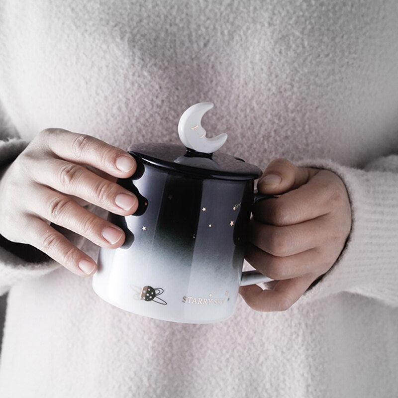 Creative Star Mug Individual Trend Ceramic Water Cup Nordic Milk Coffee Tea Cup with Lid Spoon
