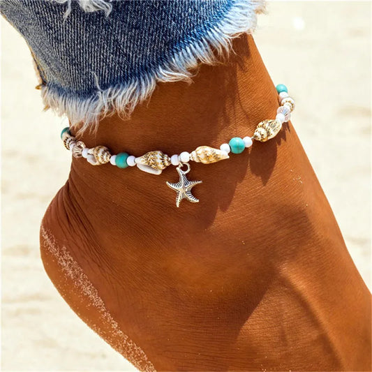 Modyle Vintage Silver Color Beads Starfish Anklets For Women Handmade Beaded Ankle Bracelet Summer Beach Foot Jewelry