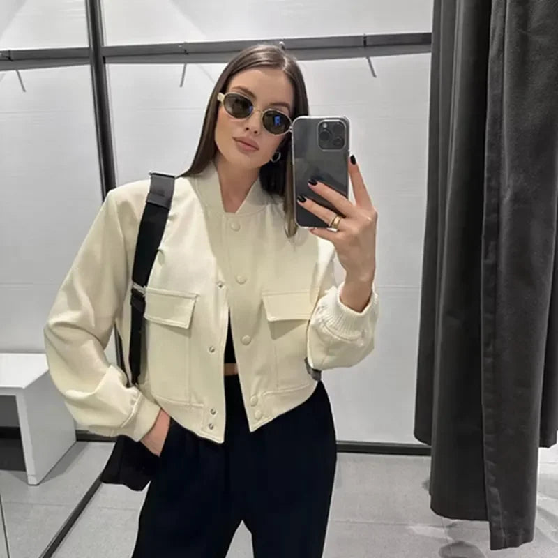 Bomber Jacket Women 2023 Fashion Button Pocket Long Sleeve Crop Tops Streetwear Baseball Jackets Winter Casual Coats Outerwear LUXLIFE BRANDS