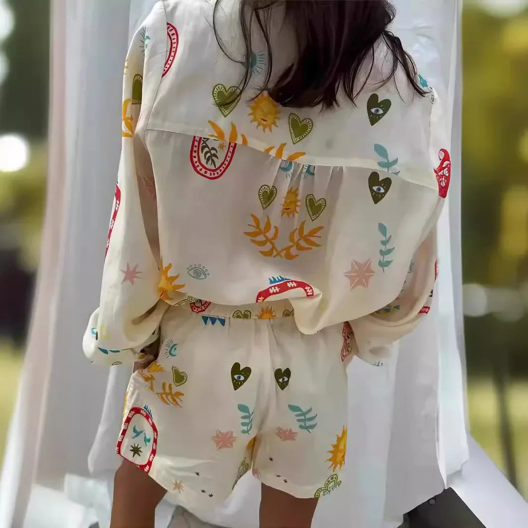 Women Fashion Elastic Waist Two Piece Sets Elegant Floral Print Lapel Long Sleeve Top Short Pants Suit Casual Holiday Outfits Luxlife Brands