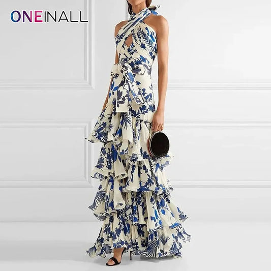 ONEINALL Hit Color Summer Dresses For Women Halter Sleeveless Off Shoulder High Waist Patchwork Ruffles Folds Maxi Dress Female