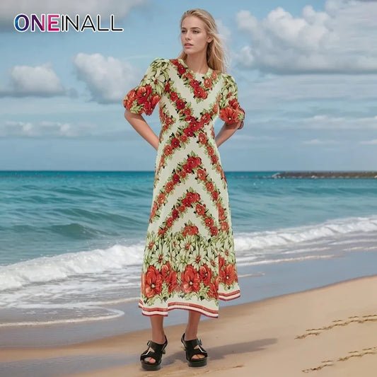 ONEINALL Floral Priting Dresses For Women Round Nack Puff Sleeve High Waist Asymmetrical Hem Vintage Dress Female Summer Clothes