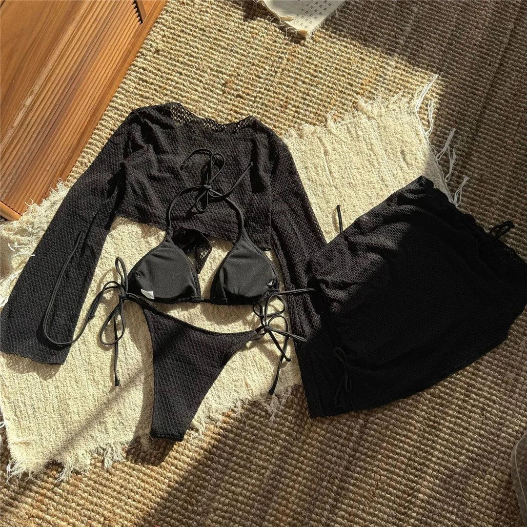 2025 Long Sleeve With Skirt Halter Bikini Women Swimwear Female Swimsuit Four-pieces Bikini set Bather Bathing Suit Swim V6358