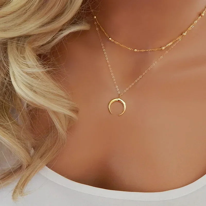 Fashion Gold Color Double Layer Moon Pendant Necklaces for Women Luxury Design Shiny Choker Necklace Jewelry Gift Luxlife Brands