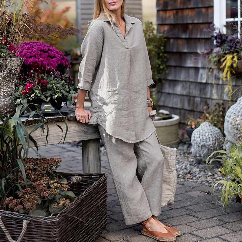 Maternity Blouse Pant Suit Set Spring Autumn Loose Linen Women Long Sleeve Turn-Down Collar Blouse Top Workwear Outfit Plus Size