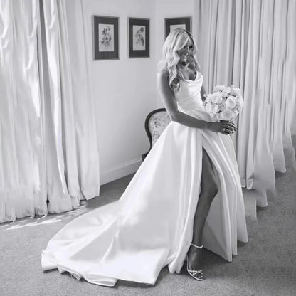 White Plus Size A Line Satin Strapless Wedding Dress V Neck Pleats High Side Slit Floor Length Bride Gowns Bridal Dres LUXLIFE BRANDS