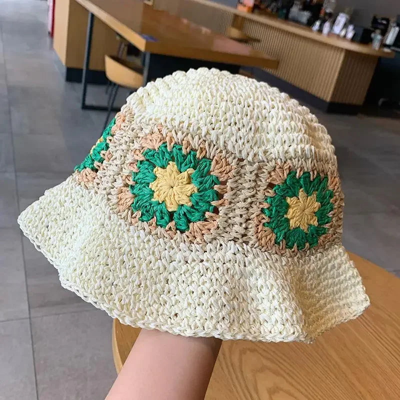 Women Sun Beach Crochet Flowers Hat Fisherman Hat Tourism Female Vacation Paper Straw Bucket Hat
