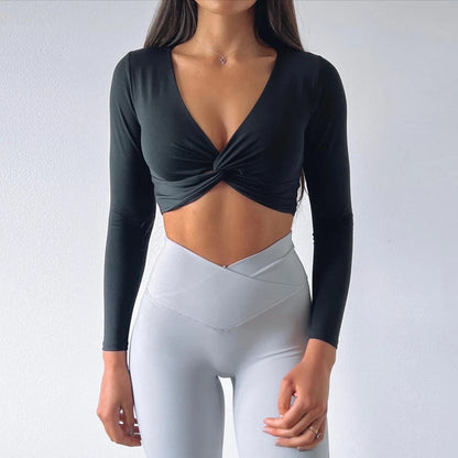 New Twist Long Sleeve Crop Top for Women Padded Yoga Top Sexy Sports Shirts Workout Gym Crop Top Sportswear LUXLIFE BRANDS