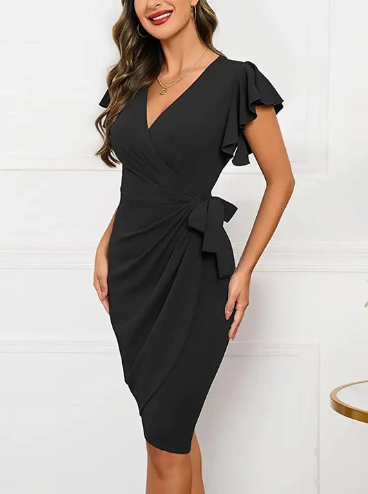 Bodycon Sexy Summer Dress Cocktail Faux Wrap Deep V Neck Ruffle Sleeve Ruched Party Work Formal Wedding Dresses for Women