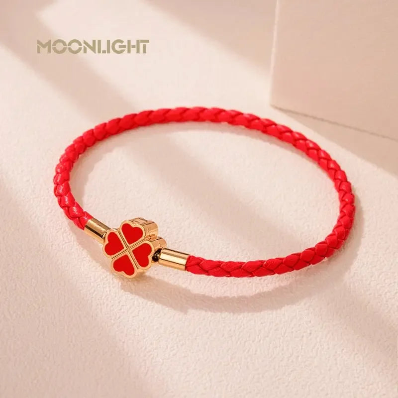 Green Four-Leaf Clover Lucky Bracelet For Women Genuine Braided Leather Bracelet 9 Colors Birthday Party Jewelry ChiristmasGifts