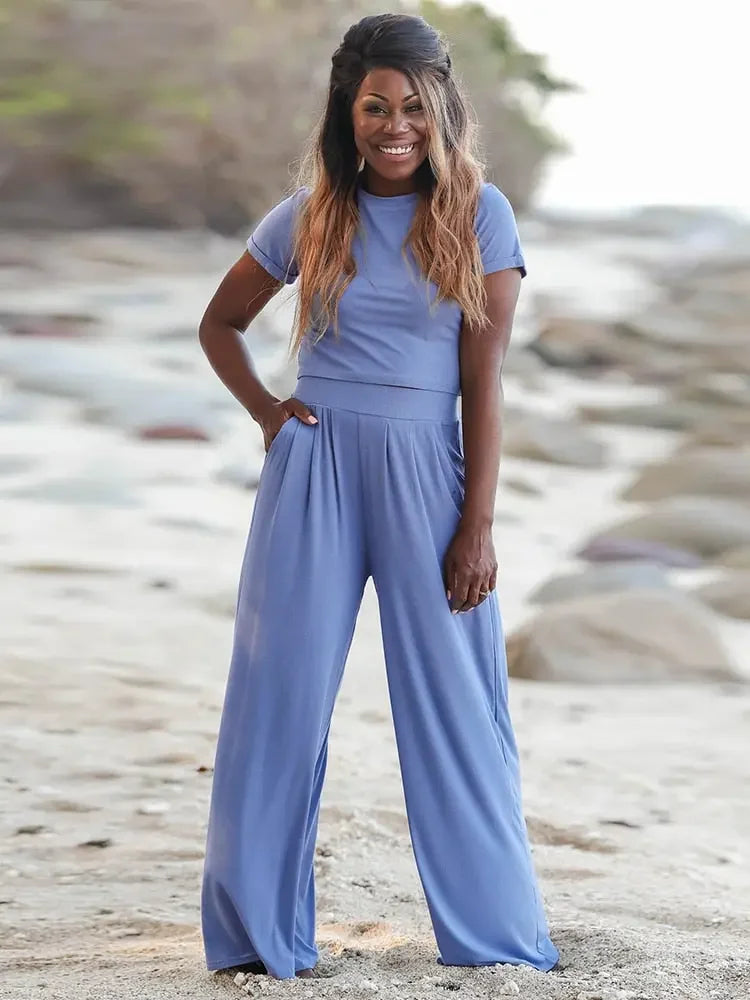 Fashion Casual Women Suits 2023 Summer Short Sleeve T-shirt + Wide-leg Loose Trouser Two-piece Sets High Waist Pants Elegant Set
