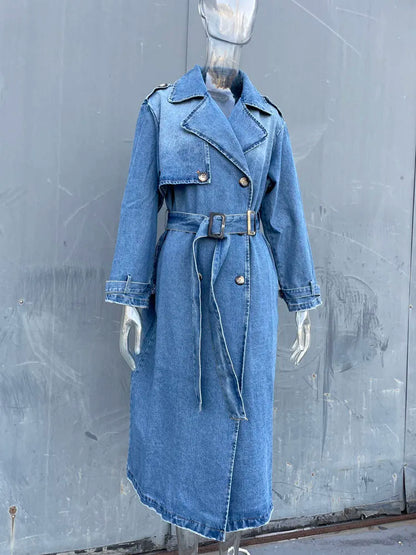 Denim Trench Coats For Women Belt On Waist Slim Jean Coats Ladies Jaqueta Feminina Blue Jean Jacket Woman LUXLIFE BRANDS