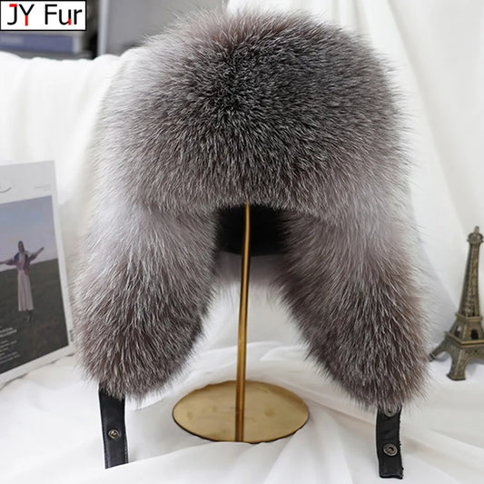 New Winter Men's 100% Real Silver Fox Fur Bomber Hat Raccoon Fur Ushanka Cap Trapper Russian Man Ski Hats Caps Real Leather LUXLIFE BRANDS