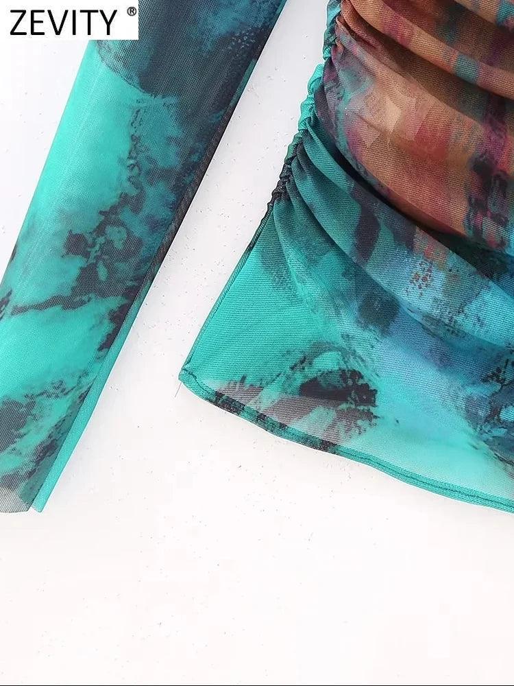 Zevity Women Fashion Single Shoulder Tie Dyed Print Pleated Mesh Smock Blouse Female Asymmetrical Shirt Blusas Chic Tops LS5432 LUXLIFE BRANDS