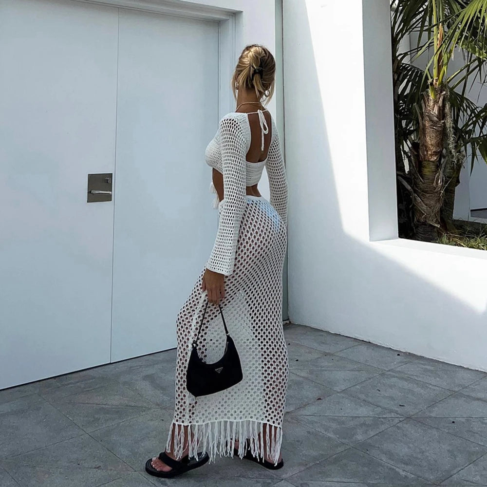 Combhasaki Women Summer 2PCS Outfit Bikini Cover-ups Sets Long Sleeve Tie Up Crop Tops+White Long Knit Hollow Tassels Skirt Suit LUXLIFE BRANDS