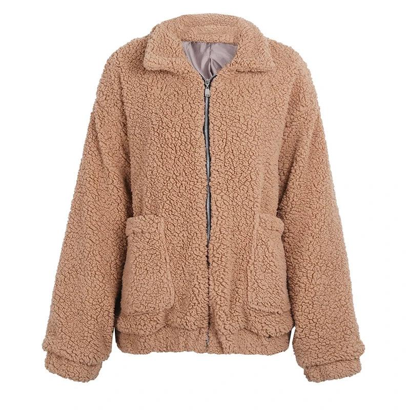 FMFSSOM Fashion Autumn Women Teddy Bear Fluffy Jacket Stand Collar Loose Plush Jacket Brown Solid Warm Outwear Faux Lamb Coats LUXLIFE BRANDS