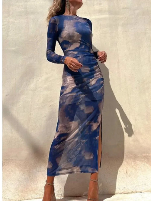 Autumn New Mesh Sexy Printed For Women's Long Sleeved Dresses Simple Lace Fashion Slim Stretch Female Party Nightclub Dress - LUXLIFE BRANDS