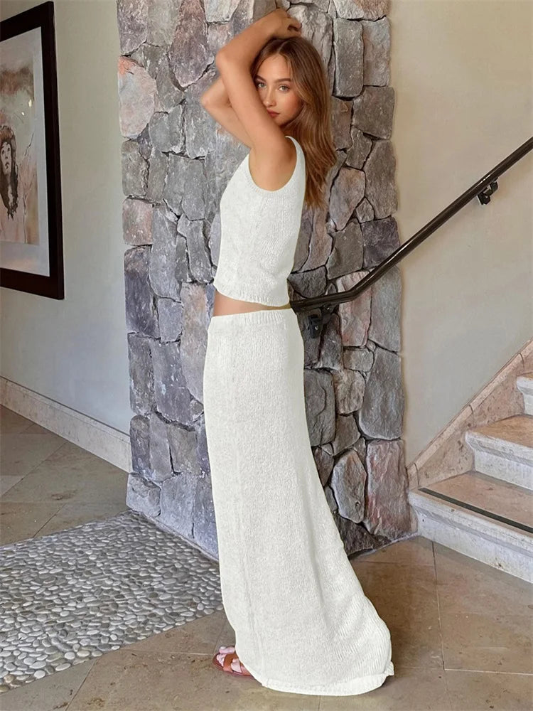 Women Sexy Knit See-through Shiny Top Half Long Skirt Set 2025 Summer Beachwear Swimsuit Cover Up 2 Piece Party Club Outfit K68 Luxlife Brands