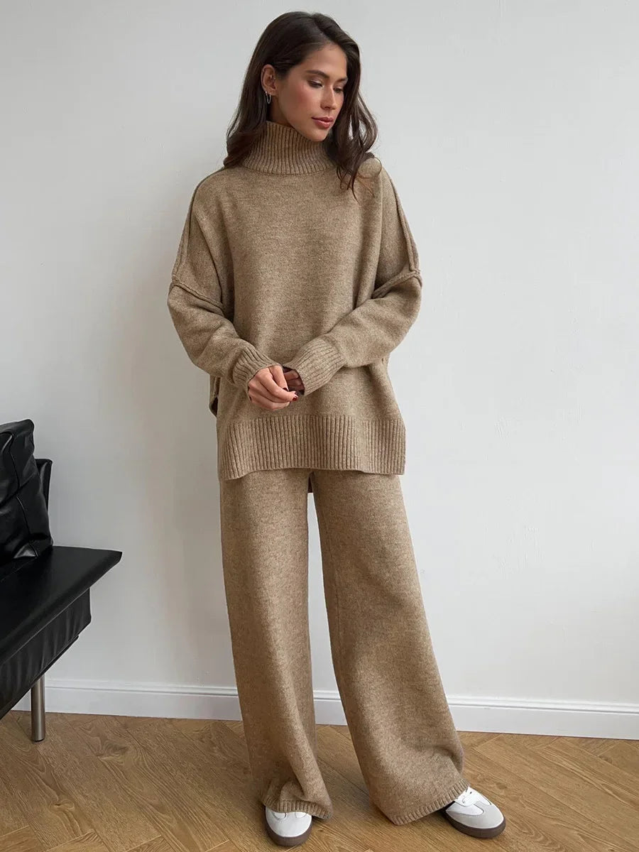 2025 turtleneck sweater set women's European, American autumn and winter new loose casual lazy thickened knitted trousers set