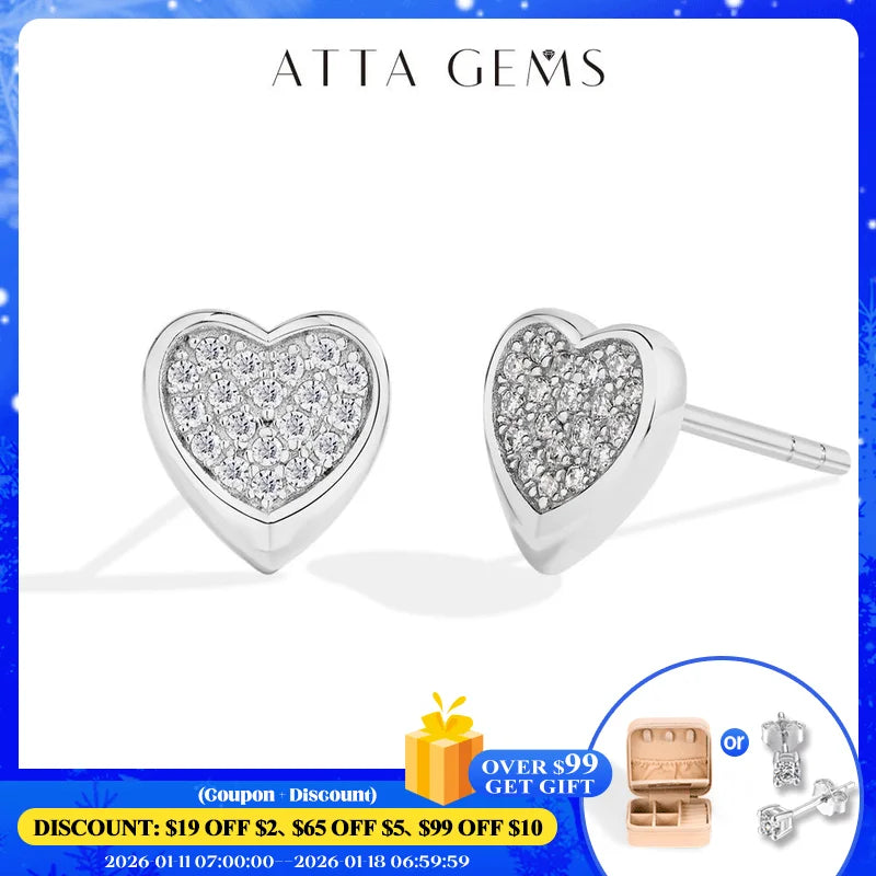 ATTAGEMS Full Moissanite Heart Earrings For Women Girls DVVS1 100% 925 Sterling Silver Sparkling Engagement Jewelry High Quality