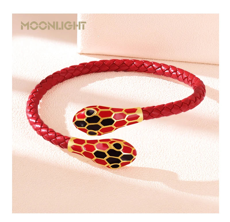 Double Snake Head Cuff Bangles Braided Leather
