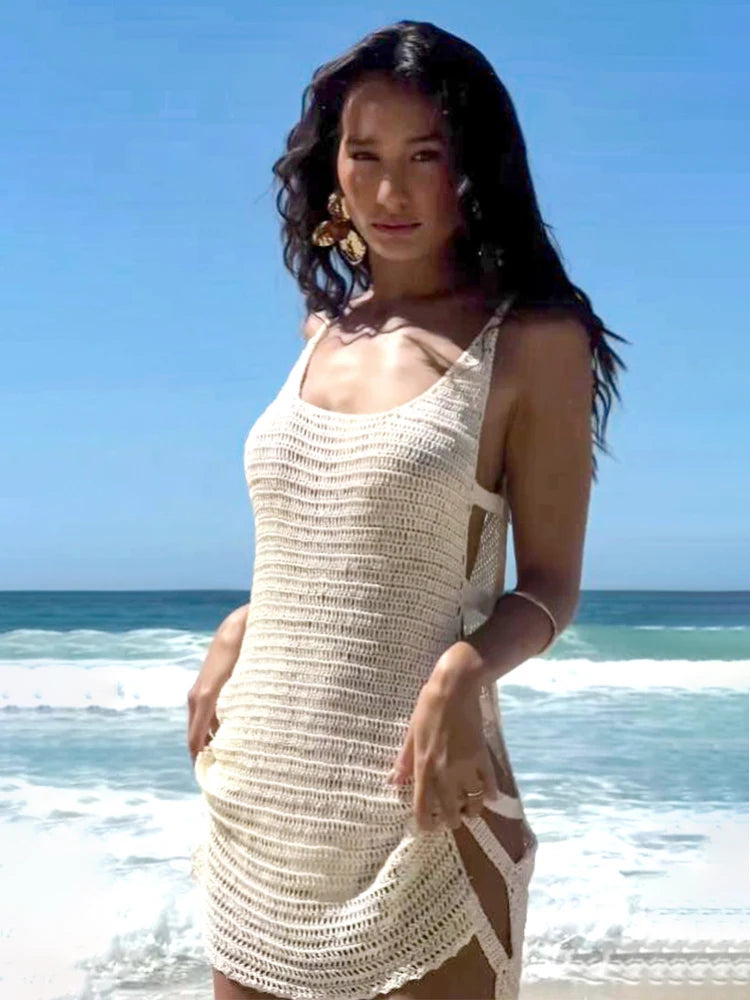 Women's Sexy U Neck Sleeveless Knit Horizontal Stripes Side Cut Out Beach Mini Dress 2025 Summer Beachwear Swimsuit Cover Up K90 Luxlife Brands