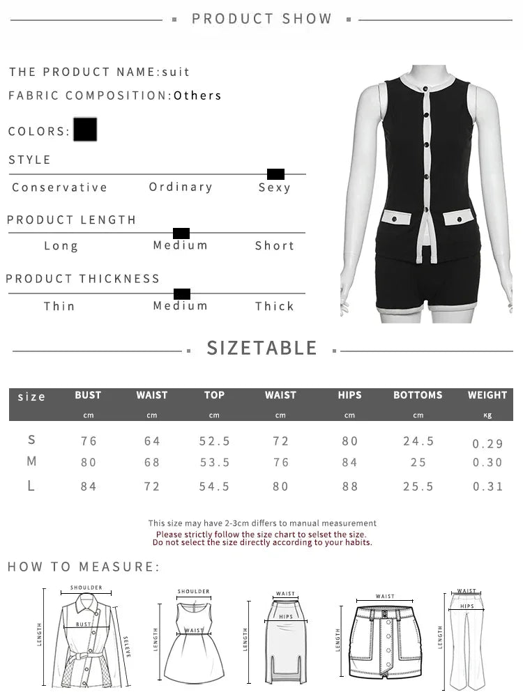 Cutenew Classic Women 2 Piece Set Trend Panelled Single Breasted Sleeveless Tanks+Elastic Waist Shorts Female Matching Outfits