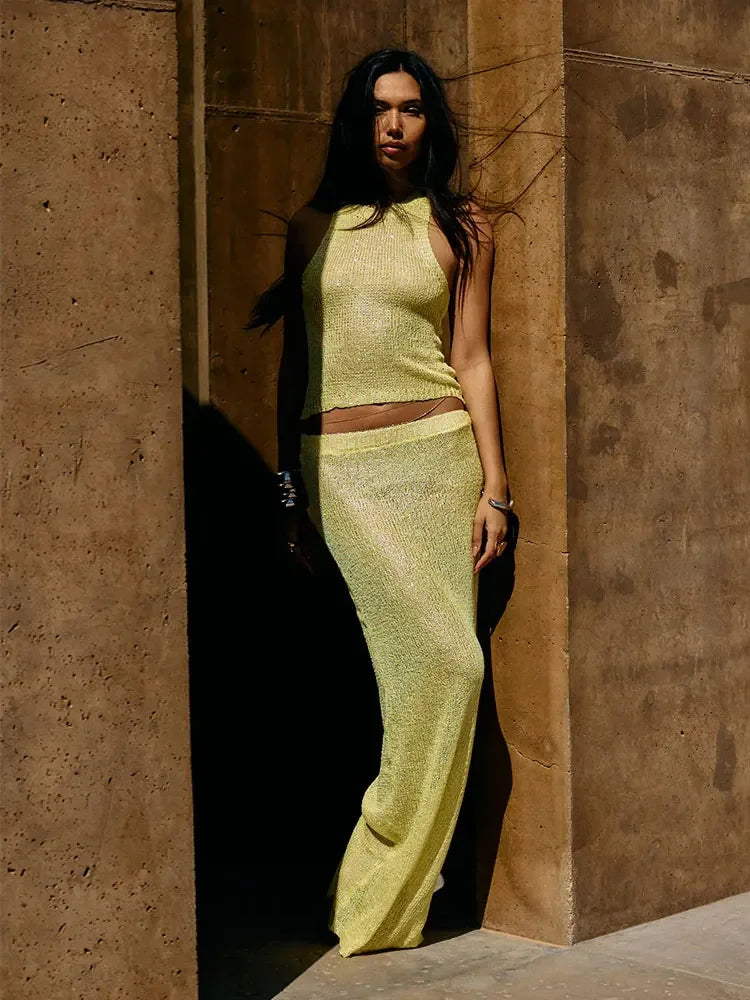 Women Sexy Knit See-through Shiny Top Half Long Skirt Set 2025 Summer Beachwear Swimsuit Cover Up 2 Piece Party Club Outfit K68
