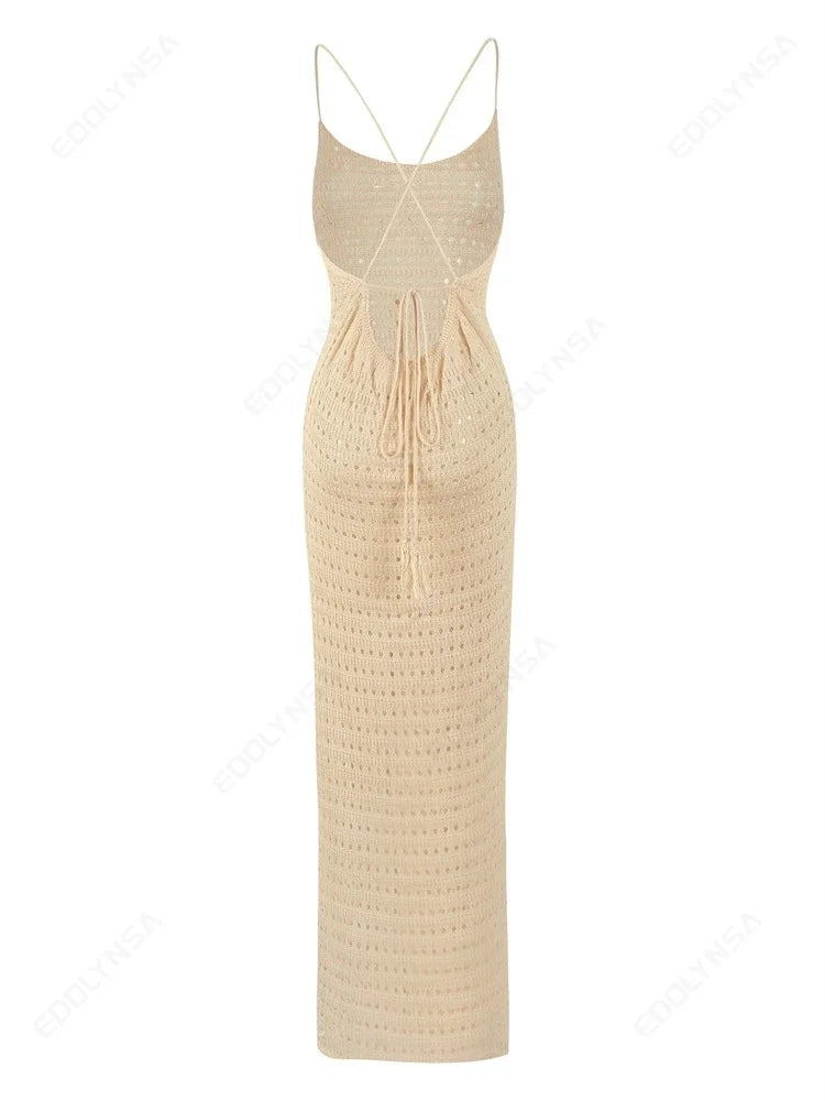 Sexy Knit Cut Out Tassel Spaghetti Strap Bodycon Beach Maxi Dress Summer Women's Holiday Club Party Outfit Swimsuit Cover Up K10 Luxlife Brands