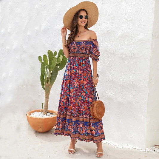 2024 Summer Floral Printed Dresses Women Beach Sundress Vacation Bohemian Neck Ruffle Pleated Vintage Long Dress Vestidos