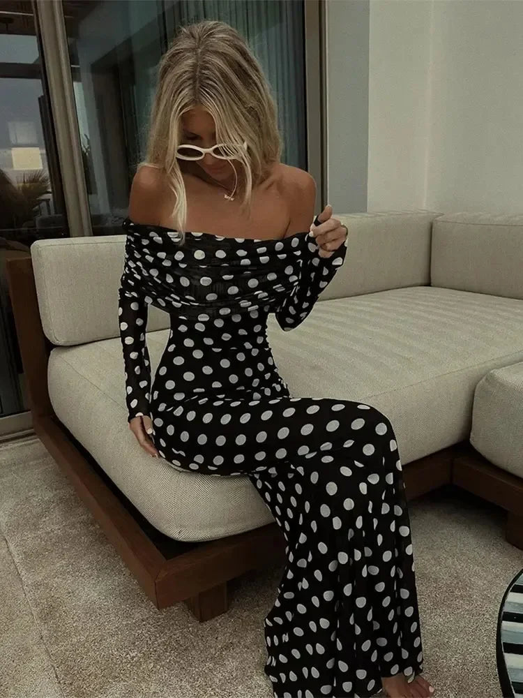 Sexy Polka Dots Print Dress Off Shoulder Patchwork Maxi Dress for Women Slim Fit Long Sleeves A-line Vestidos Lady Elegant Robe LUXLIFE BRANDS