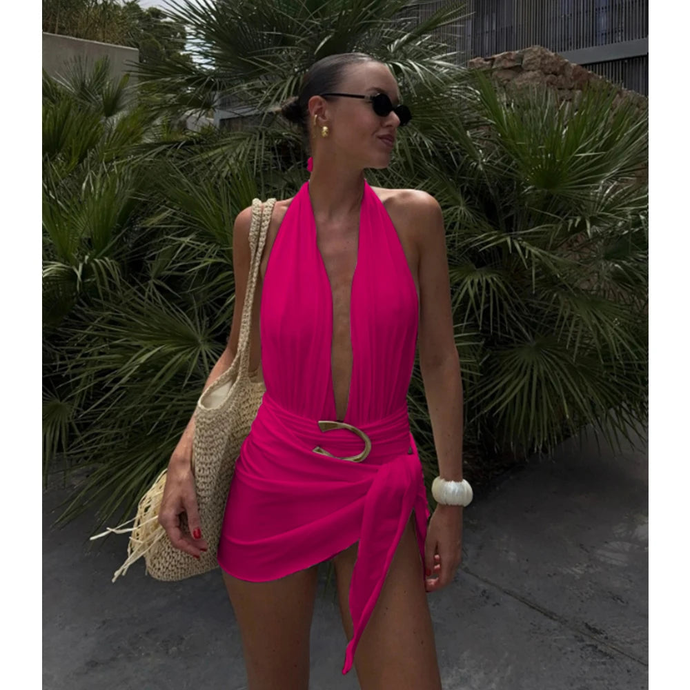 Two Pieces Micro Bikini 2025 Sexy Swimsuit Women Halter Swimwear Biquini Female Solid Bodysuit Bathing Suits Sarong Mini Skirt