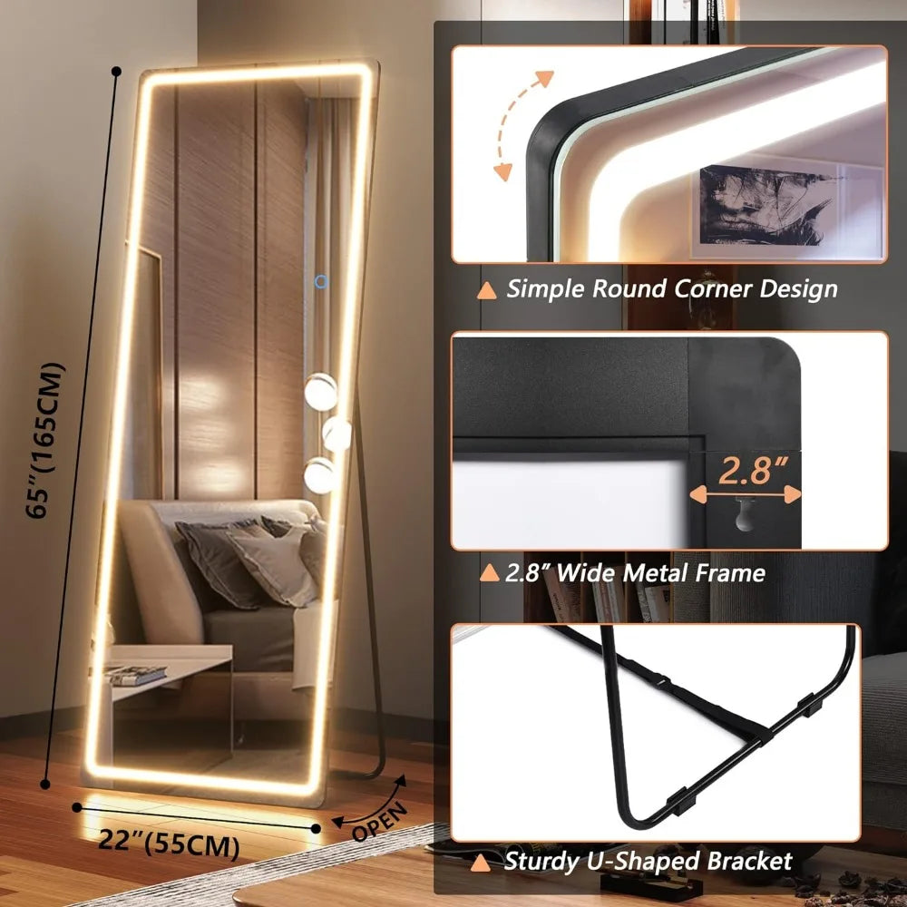 Free Standing Floor Mirror Decorative Mirrors Wall Mounted Mirror Light Up MirrorBlack 65"x22" Flexible Bathroom Products Home LUXLIFE BRANDS
