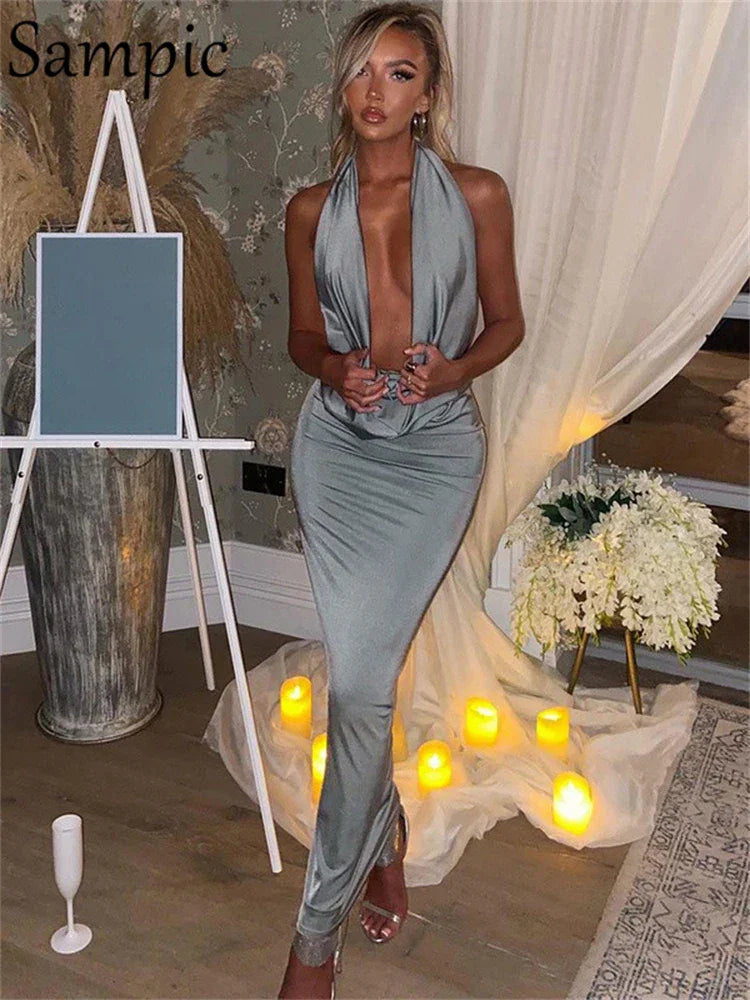 Sampic New Fashion Summer Women Clothes 2022 Red Long Wrap Halter Satin Dress Sexy Deep V Neck Party Night Club Backless Dress LUXLIFE BRANDS