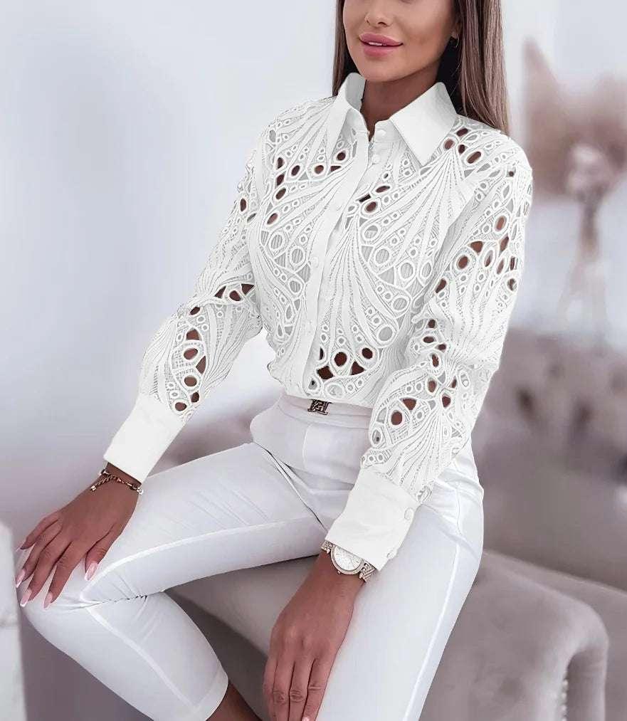 New Fashion Lace Hollow Long Sleeve Shirt For Women 2025 Spring Autumn Elegant Office Lady Blouse And Tops Casual Button Shirts
