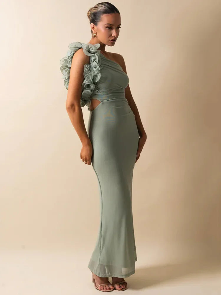 Floral Mesh Ruched Maxi Dress