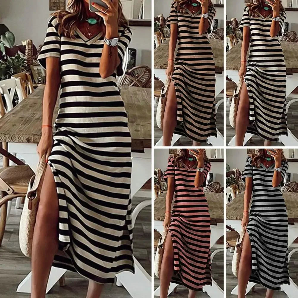 Summer Dresses 2023 Woman Plus Size Dresses For Women Casual Stripe Print V-neck Short Sleeve Loose Long Dress Robe Femme LUXLIFE BRANDS