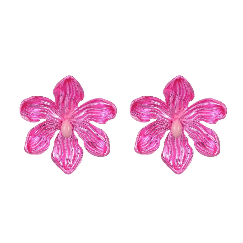 European and American Personality Exaggerated Alloy Flower Barbie Pink Earrings for Wome