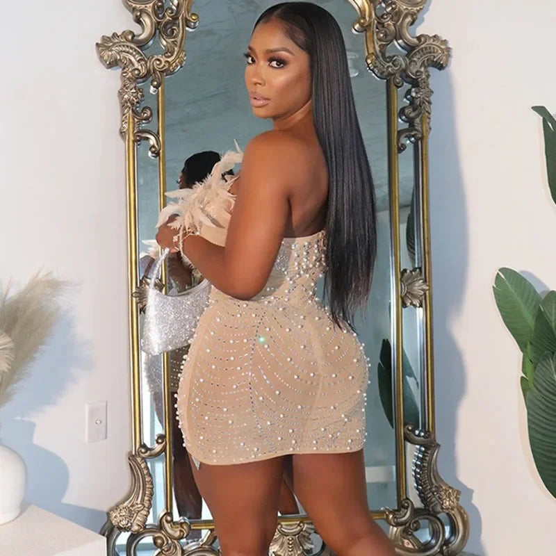 Off The Shoulder Mesh Rhinestone Beaded Feather Prom Corset Dress See Through Night Club Evening Wedding Party Sexy Mini Dresses LUXLIFE BRANDS