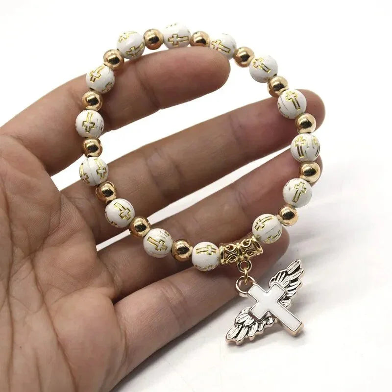 Exquisite Angel Wing Cross Rosary Bracelets Bronzing Acrylic Baptism Stretch Beaded Bracelets for Women Girls Religious Gift LUXLIFE BRANDS