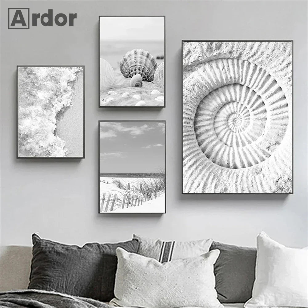 Sea Beach Waves Canvas Poster Black And White Wall Paintings Coconut Tree Art Prints Shell Starfish Print Pictures Bedroom Decor