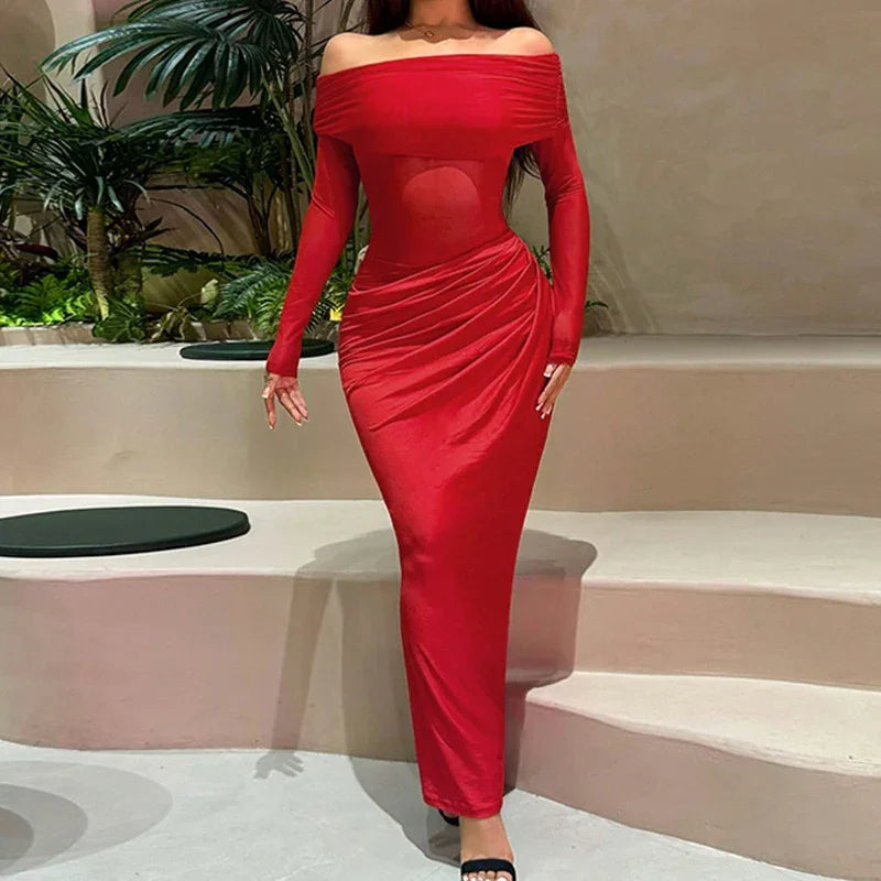 Sexy Light Mesh Solid Color Transparent Dress Women Bodycon One Shoulder Club Party Dress Winter Elegant Long Sleeve Long Dress