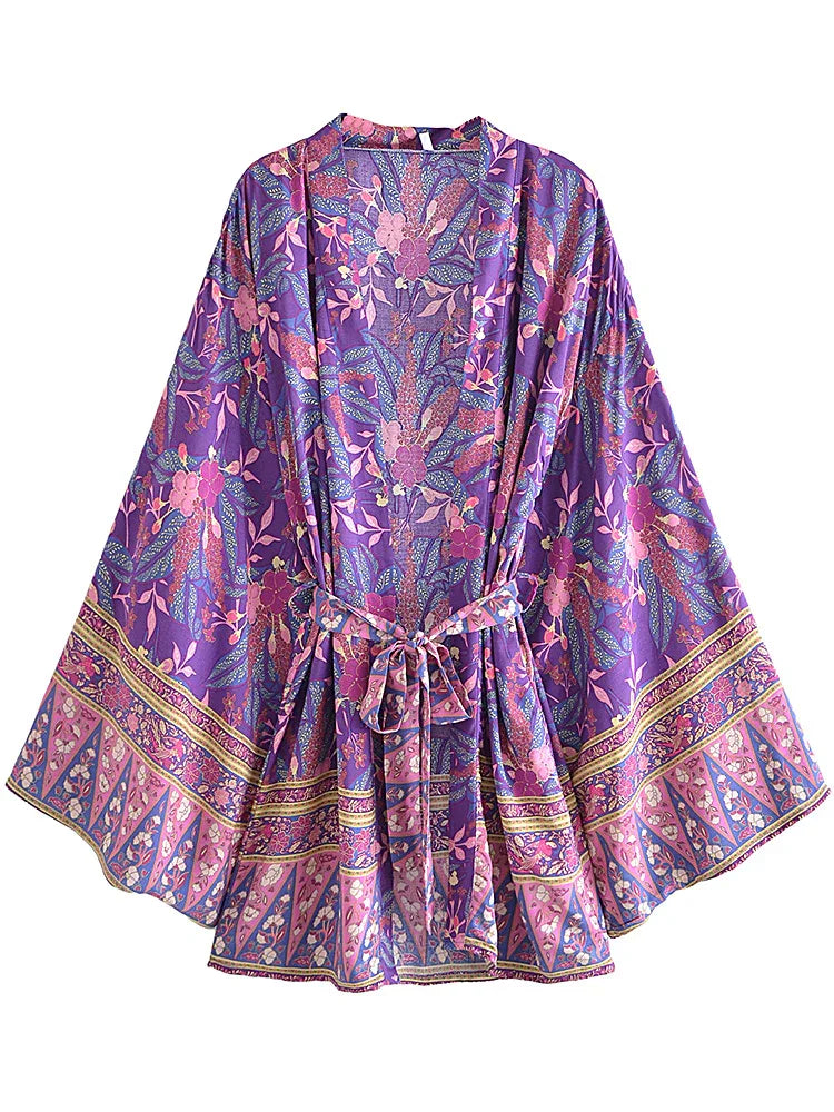Purple Passion Floral Boho Short Kimono Dress