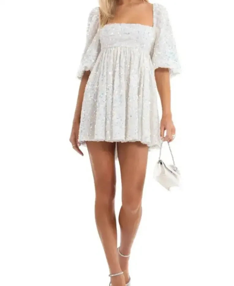 New Fashion Sexy Sequin Short Sleeve Square Neck Solid Color Slim Fit Dress For Women,5 Colors