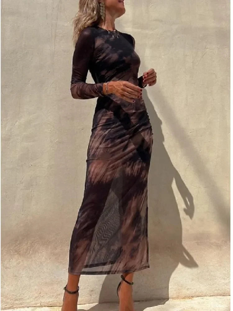 Autumn New Mesh Sexy Printed For Women's Long Sleeved Dresses Simple Lace Fashion Slim Stretch Female Party Nightclub Dress - LUXLIFE BRANDS