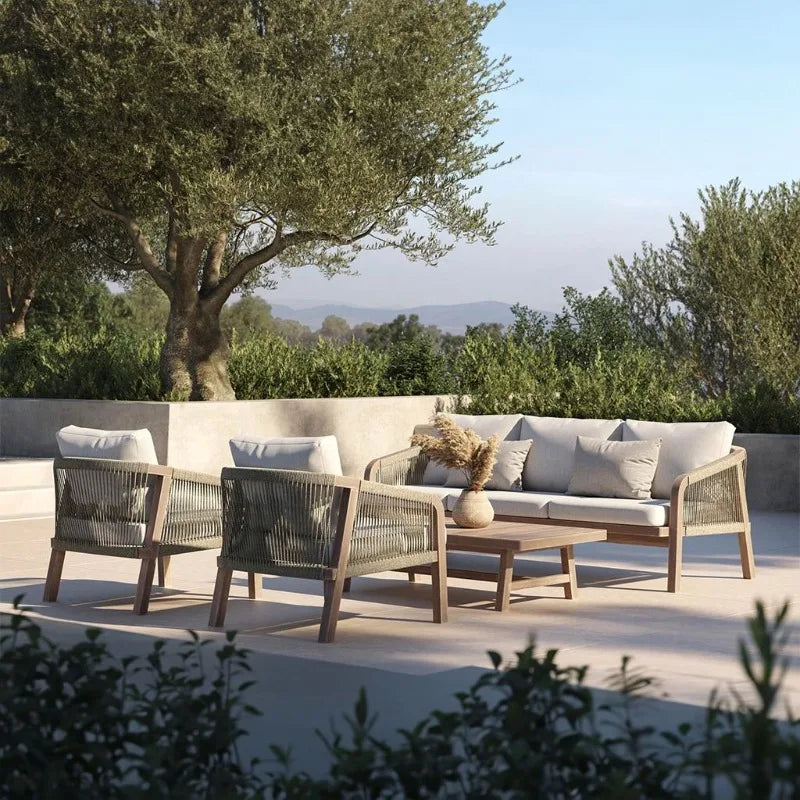 Nordic Hotel Villa Outdoor Sofas Garden Furniture Waterproof PE Hotel Villa Garden Rattan Aluminum Teak Wood Sectional Sofa Set Luxlife Brands