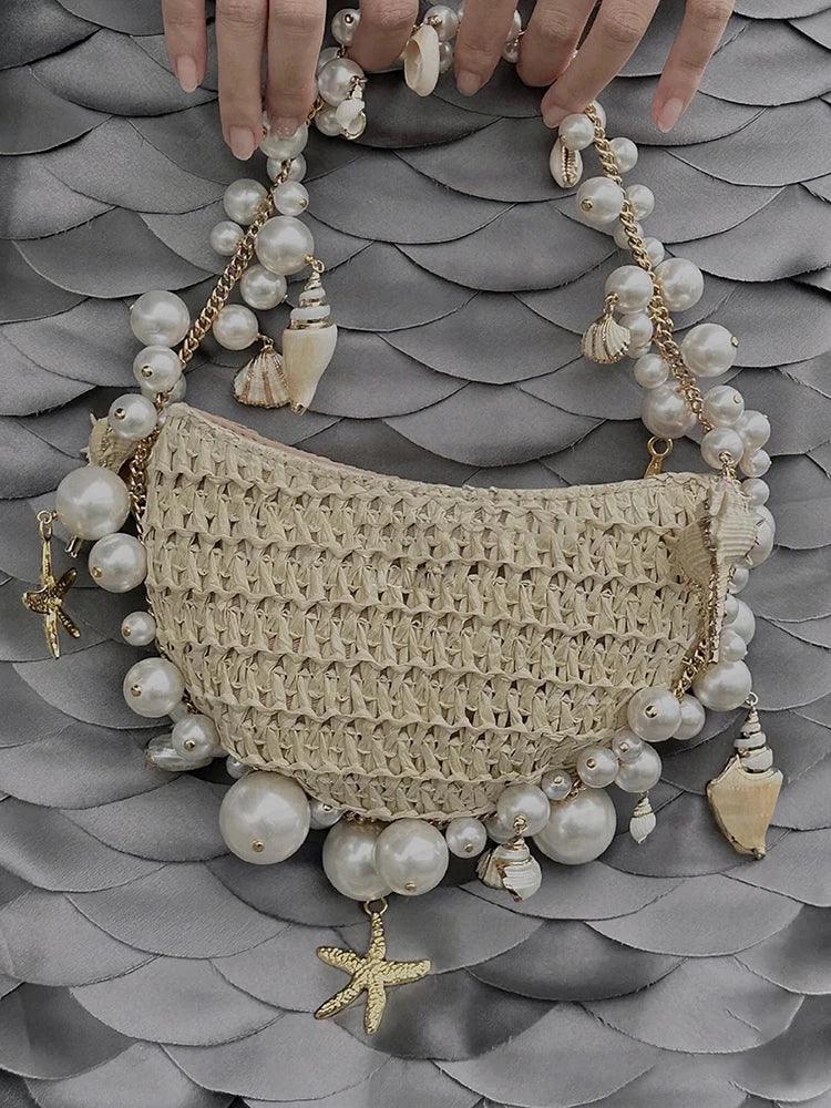 Lady Evening Bags For Women Luxury Designer Brand Handbags And Purses 2023 New In Papyrus Woven Chain Beaded Trim Shoulder Bag