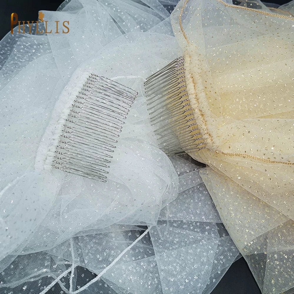 B62 Short Bridal Veil with Comb Luxury Pencil Edge Wedding Veil 2022 Turkish Veil Glitter Veil White Champagne Bride Veil LUXLIFE BRANDS